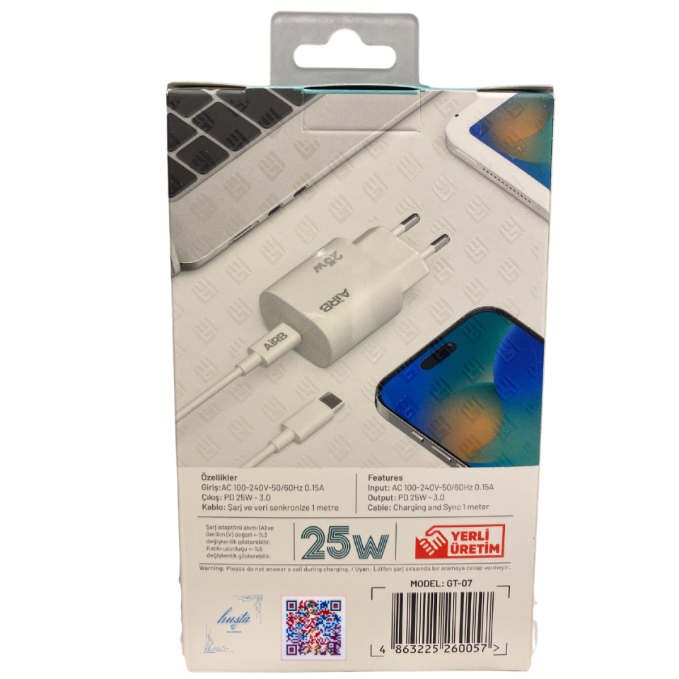 AirB 25W Hızlı Şarj Adaptörü ve USB-C to Type-C Kablo | Qualcomm Quick Charge ve Power