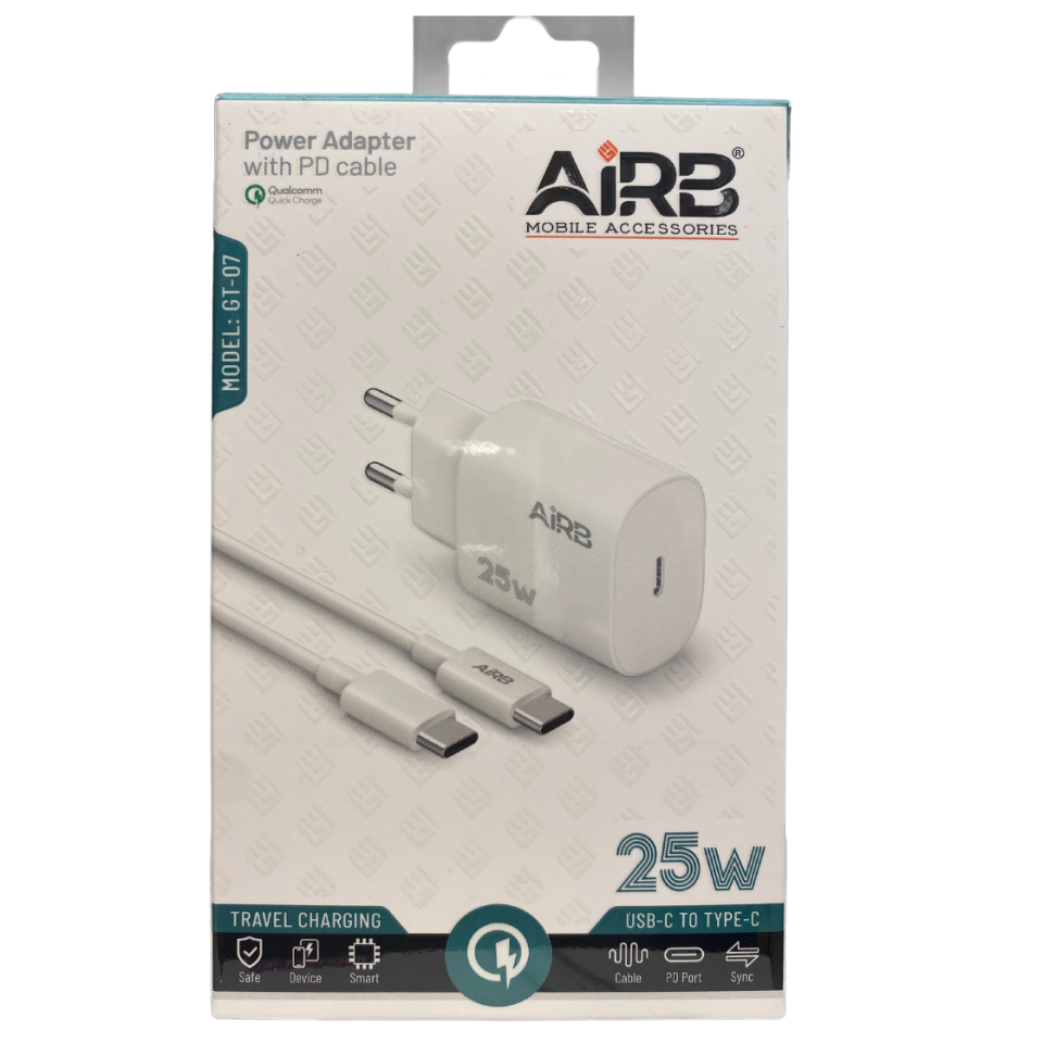 AirB 25W Hızlı Şarj Adaptörü ve USB-C to Type-C Kablo | Qualcomm Quick Charge ve Power