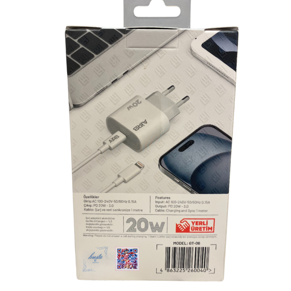 ''AirB 20W Type-C to Lightning Hızlı Şarj Adaptörü | iPhone ve iPad Uyumlu PD Destekli Şarj Cihazı''
